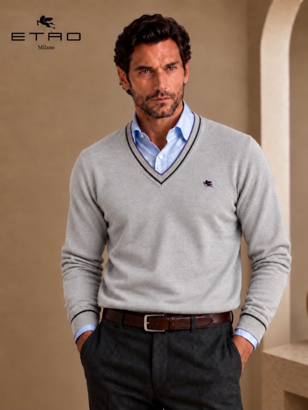 Etro Men's V-Neck Wool Sweater in Light Gray with Contrast Trim Size XL NWT